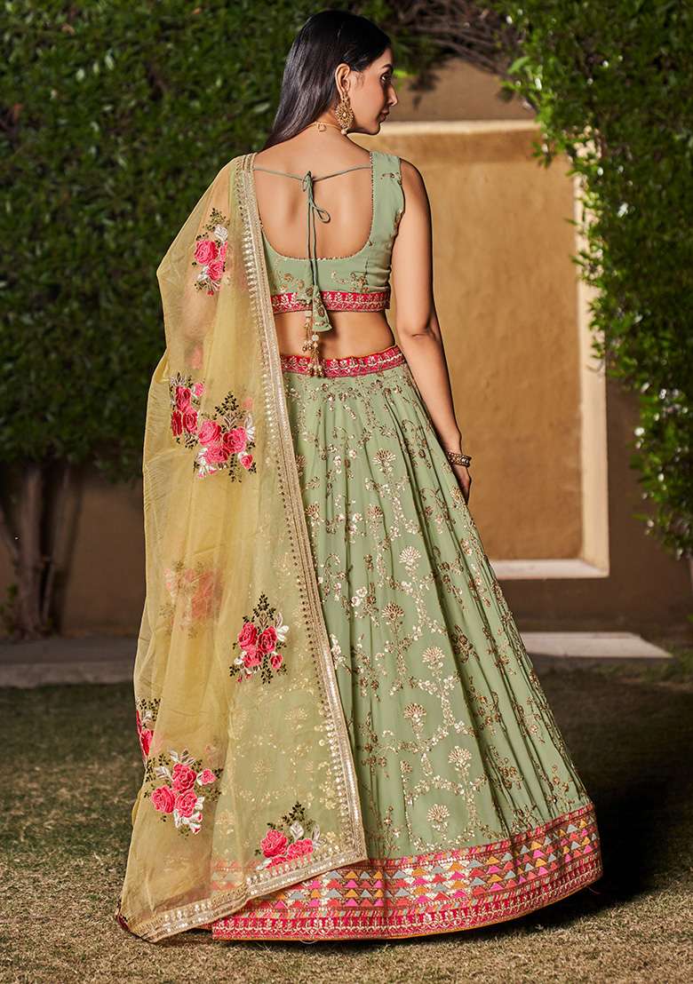 Pista Green Embroidery Georgette Lehenga Set for Diwali and Festive Wear - Indya