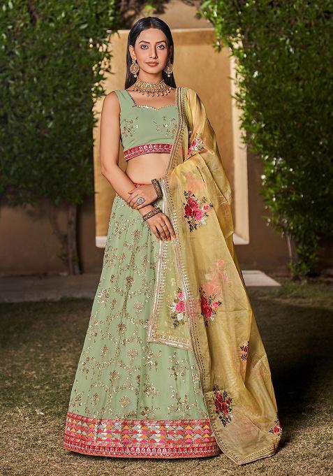 Pista Green Embroidery Georgette Lehenga Set