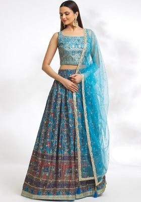 Sky Blue Embroidery Chinon Lehenga Set