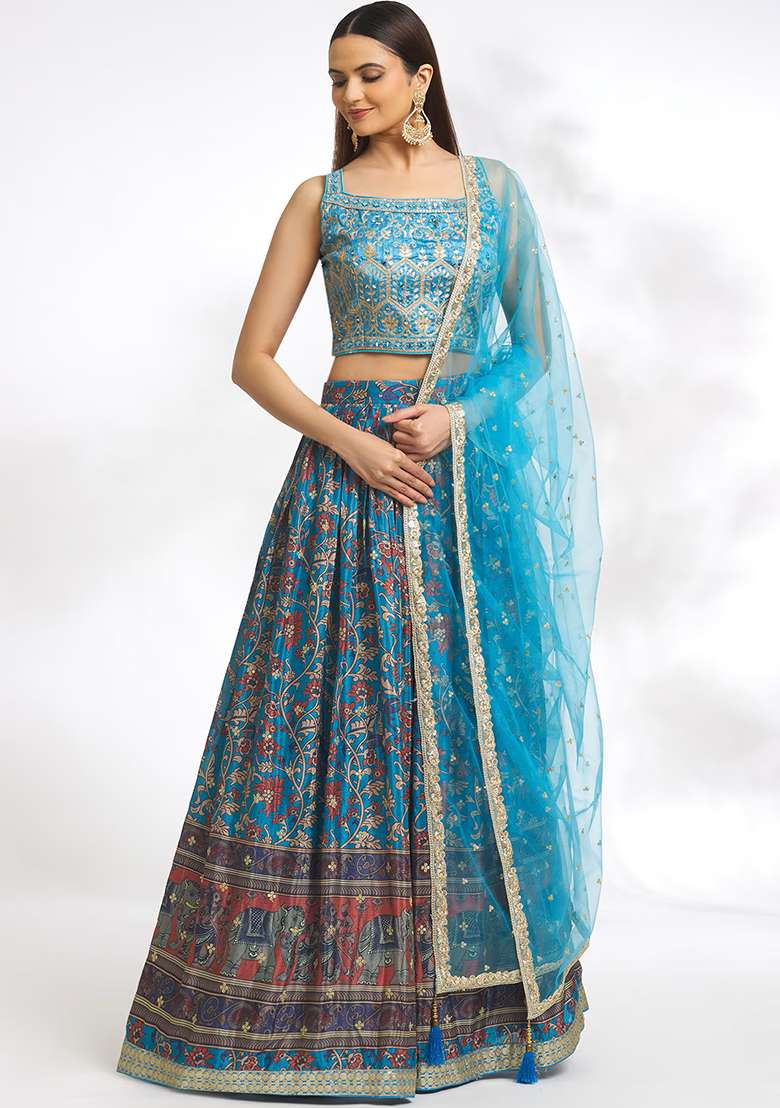 Sky Blue Chinon Lehenga Set with Embroidery for Diwali | Wedding & Festive Wear - Indya