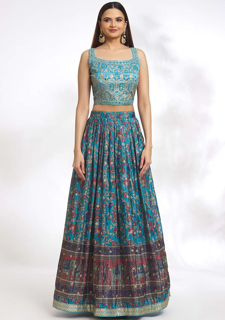 Sky Blue Chinon Lehenga Set with Embroidery for Diwali | Wedding & Festive Wear - Indya