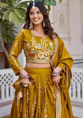 Yellow Embroidery Vichitra Lehenga Set