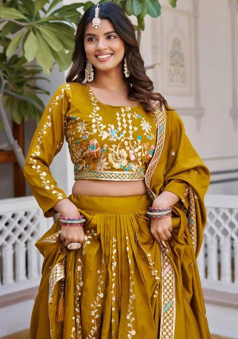Yellow Embroidery Vichitra Lehenga Set