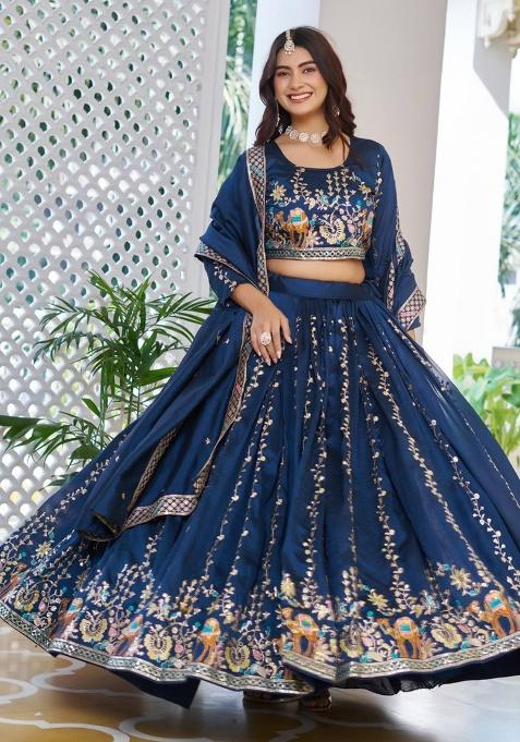 Navy Blue Embroidery Vichitra Lehenga Set