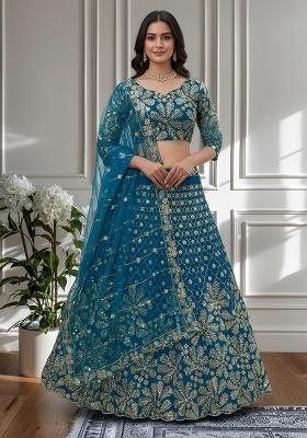 Blue Embroidery Net Lehenga Set