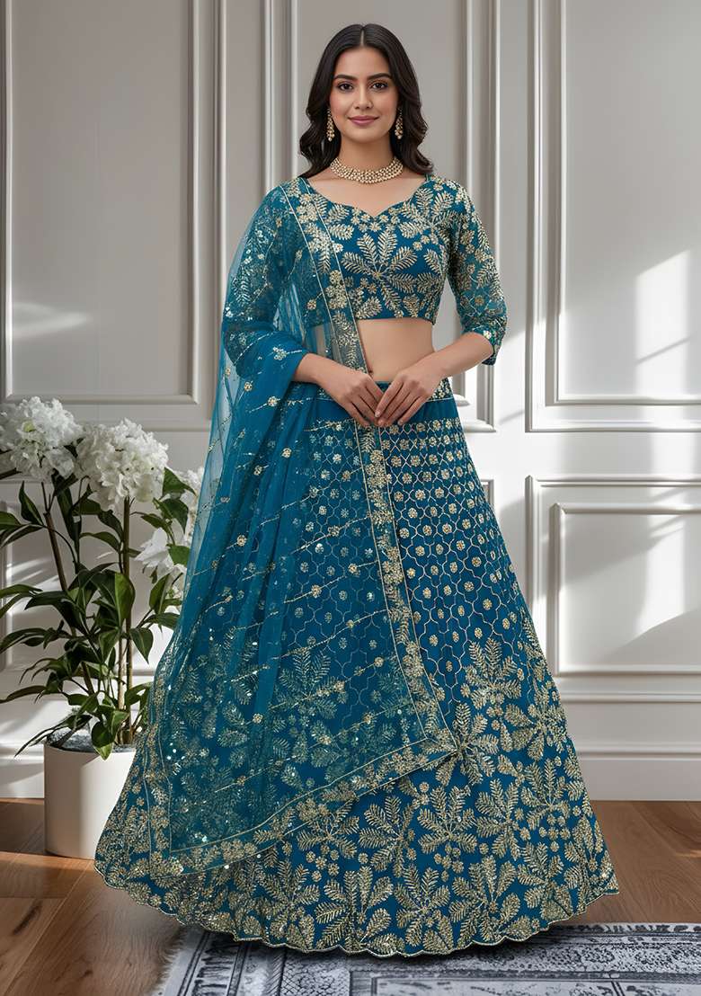 Blue Net Lehenga Set with Embroidery for Diwali | Wedding & Festive Wear - Indya