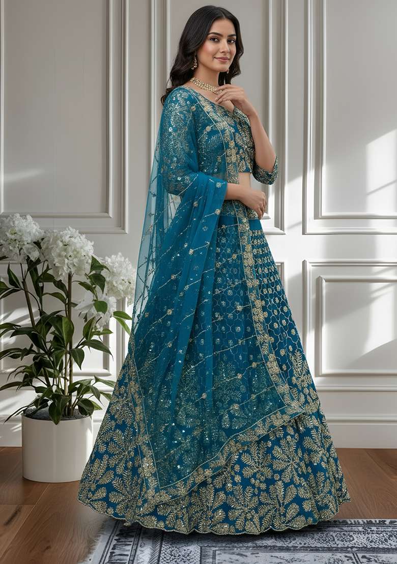 Blue Net Lehenga Set with Embroidery for Diwali | Wedding & Festive Wear - Indya