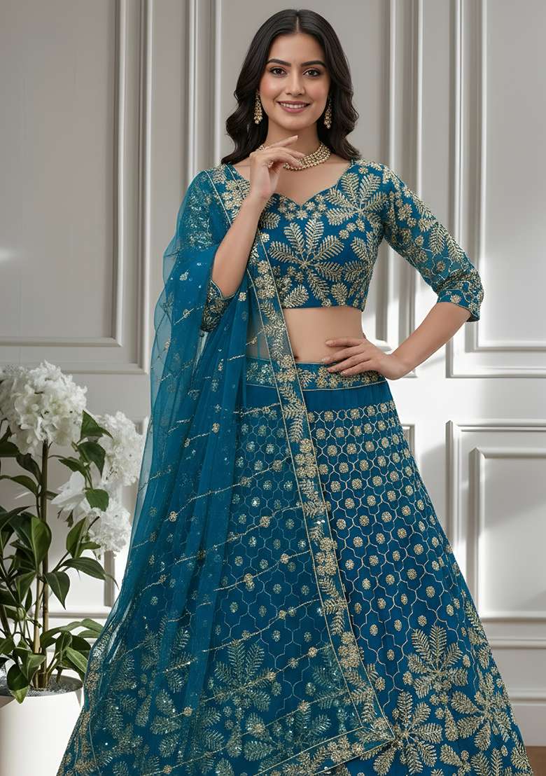 Blue Net Lehenga Set with Embroidery for Diwali | Wedding & Festive Wear - Indya