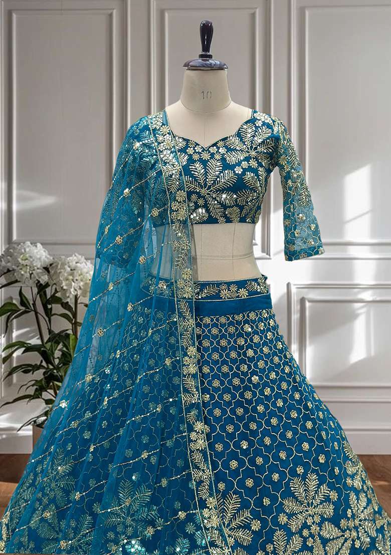 Blue Net Lehenga Set with Embroidery for Diwali | Wedding & Festive Wear - Indya