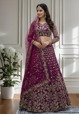 Purple Embroidery Net Lehenga Set