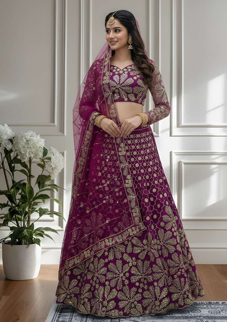 Purple Embroidery Net Lehenga Set for Diwali and Festive Wear - Indya