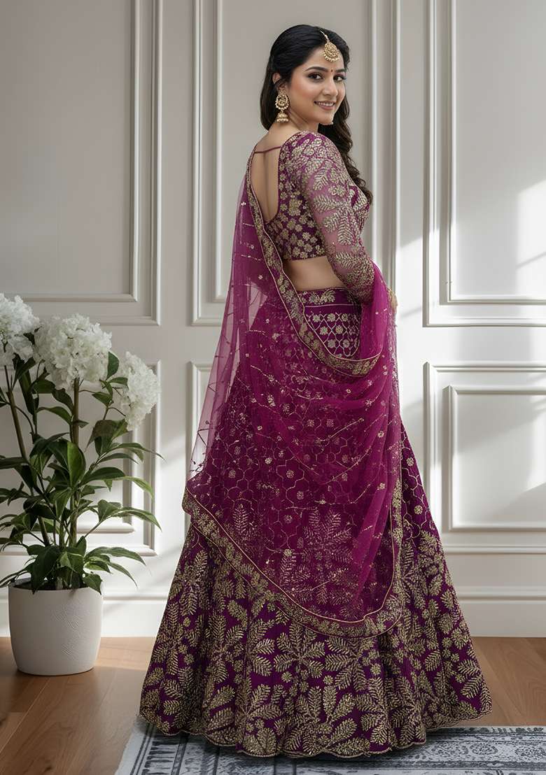 Purple Embroidery Net Lehenga Set for Diwali and Festive Wear - Indya