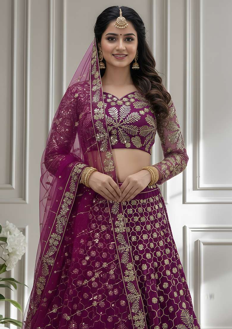 Purple Embroidery Net Lehenga Set for Diwali and Festive Wear - Indya