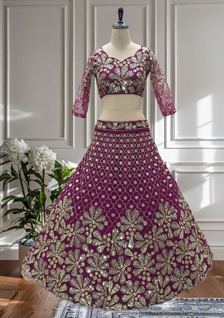 Purple Embroidery Net Lehenga Set for Diwali and Festive Wear - Indya