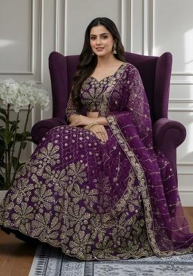 Dark Purple Embroidery Net Lehenga Set