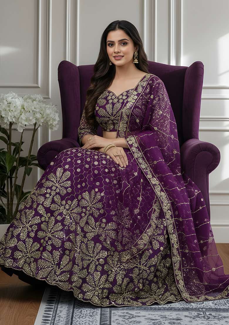 Dark Purple Embroidery Net Lehenga Set for Diwali and Festive Wear - Indya