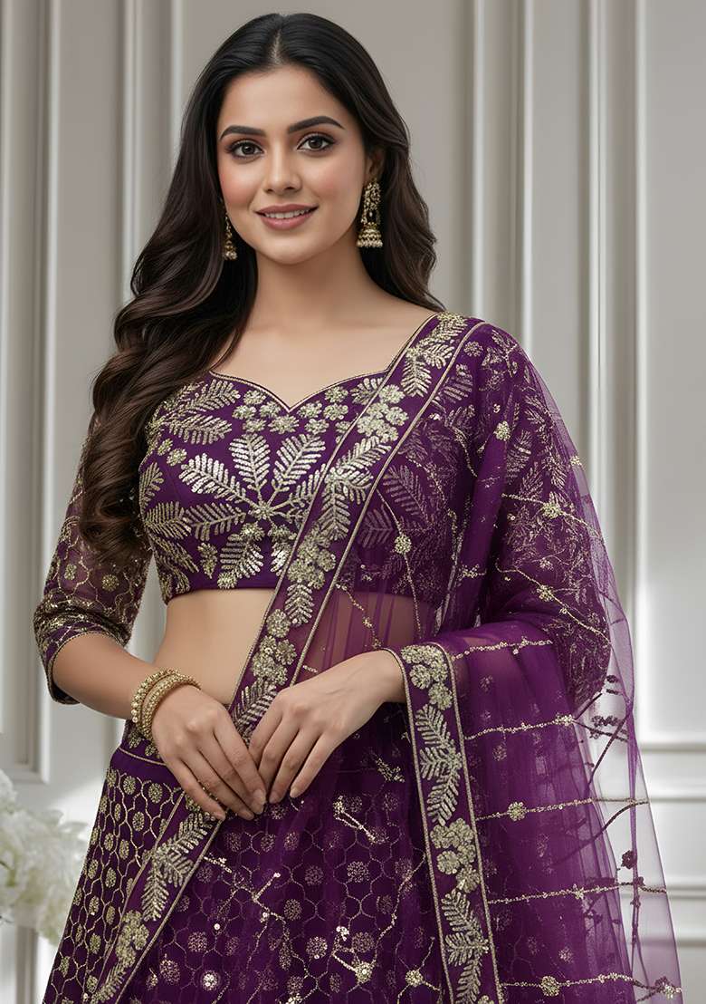 Dark Purple Embroidery Net Lehenga Set for Diwali and Festive Wear - Indya