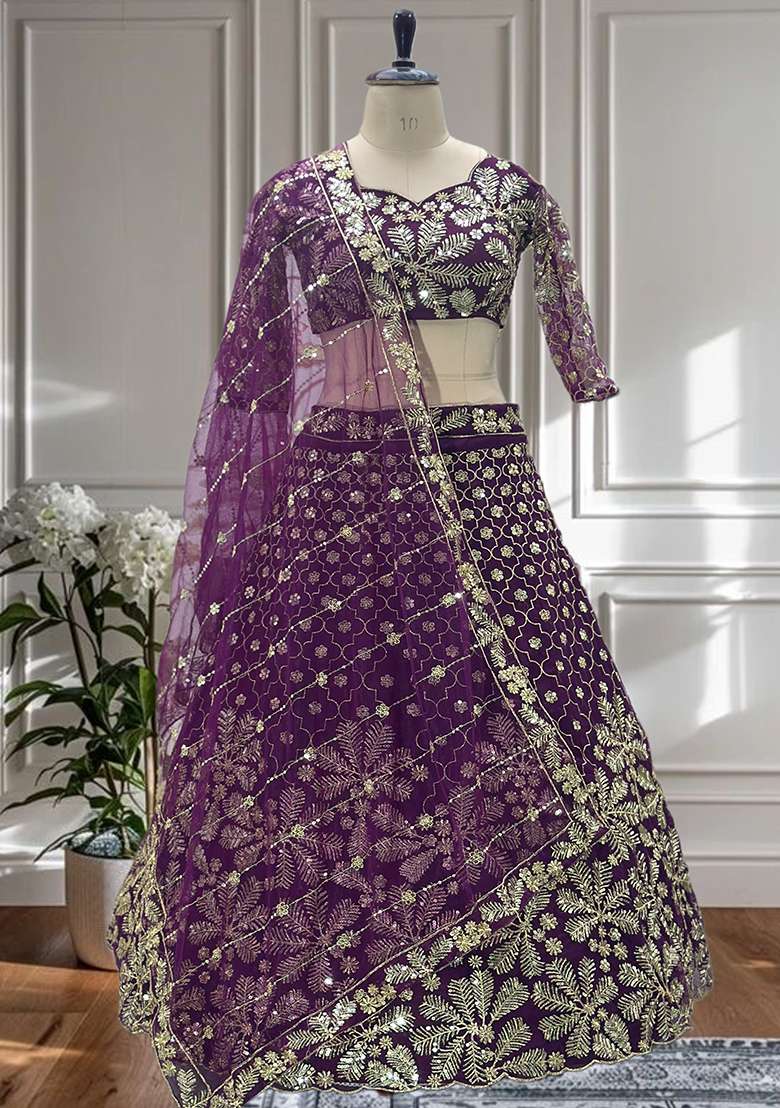 Dark Purple Embroidery Net Lehenga Set for Diwali and Festive Wear - Indya