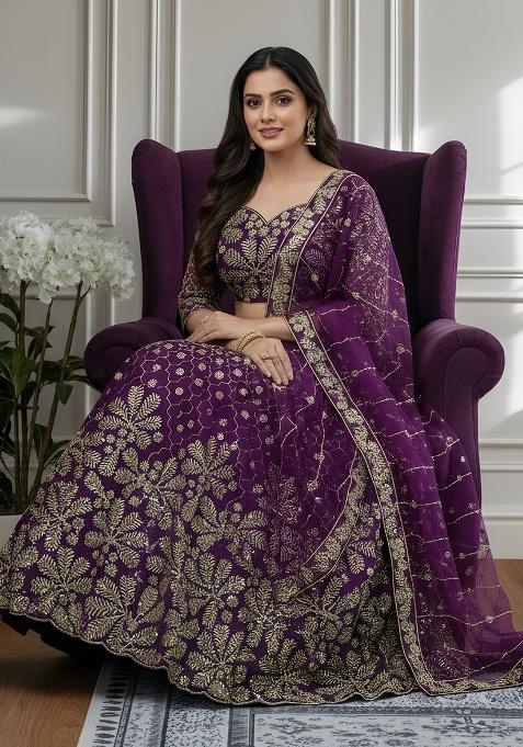 Dark Purple Embroidery Net Lehenga Set