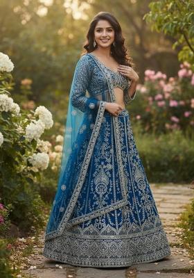Blue Embroidery Net Lehenga Set