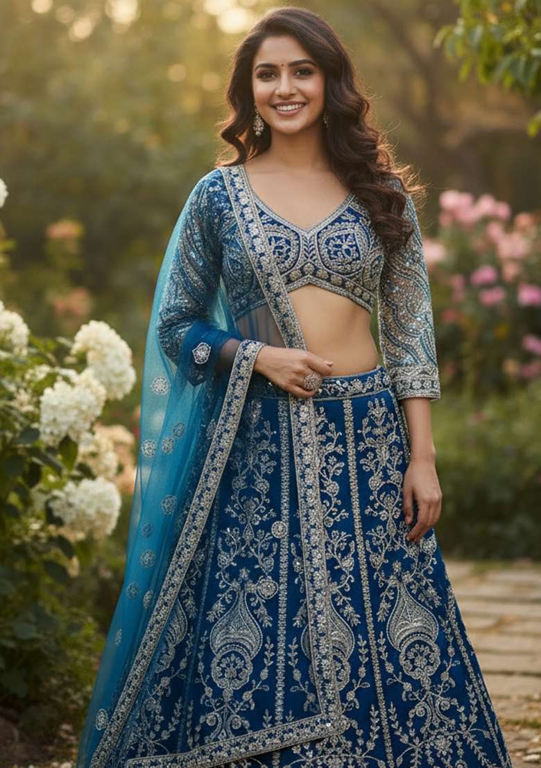 Blue Embroidery Net Lehenga Set for Diwali and Festive Wear - Indya