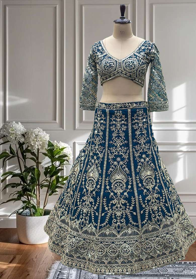 Blue Embroidery Net Lehenga Set for Diwali and Festive Wear - Indya