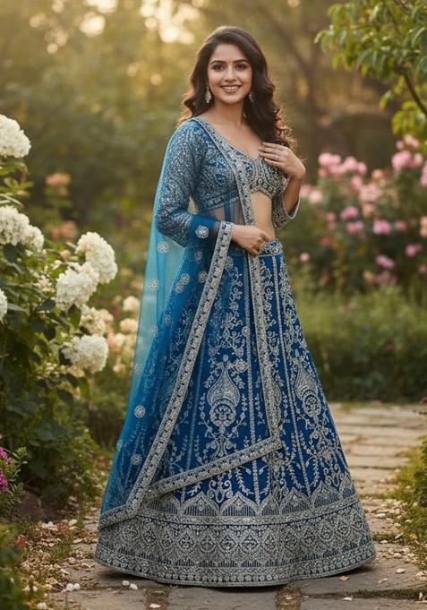 Blue Embroidery Net Lehenga Set — view on Indya