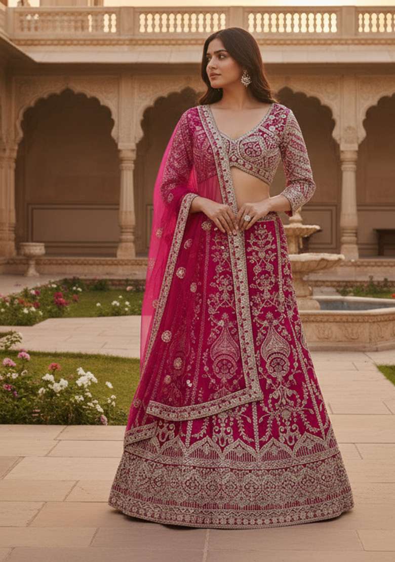Rani Pink Net Lehenga Set with Embroidery for Diwali | Wedding & Festive Wear - Indya