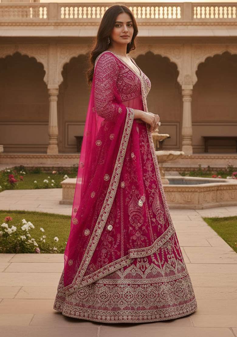Rani Pink Net Lehenga Set with Embroidery for Diwali | Wedding & Festive Wear - Indya