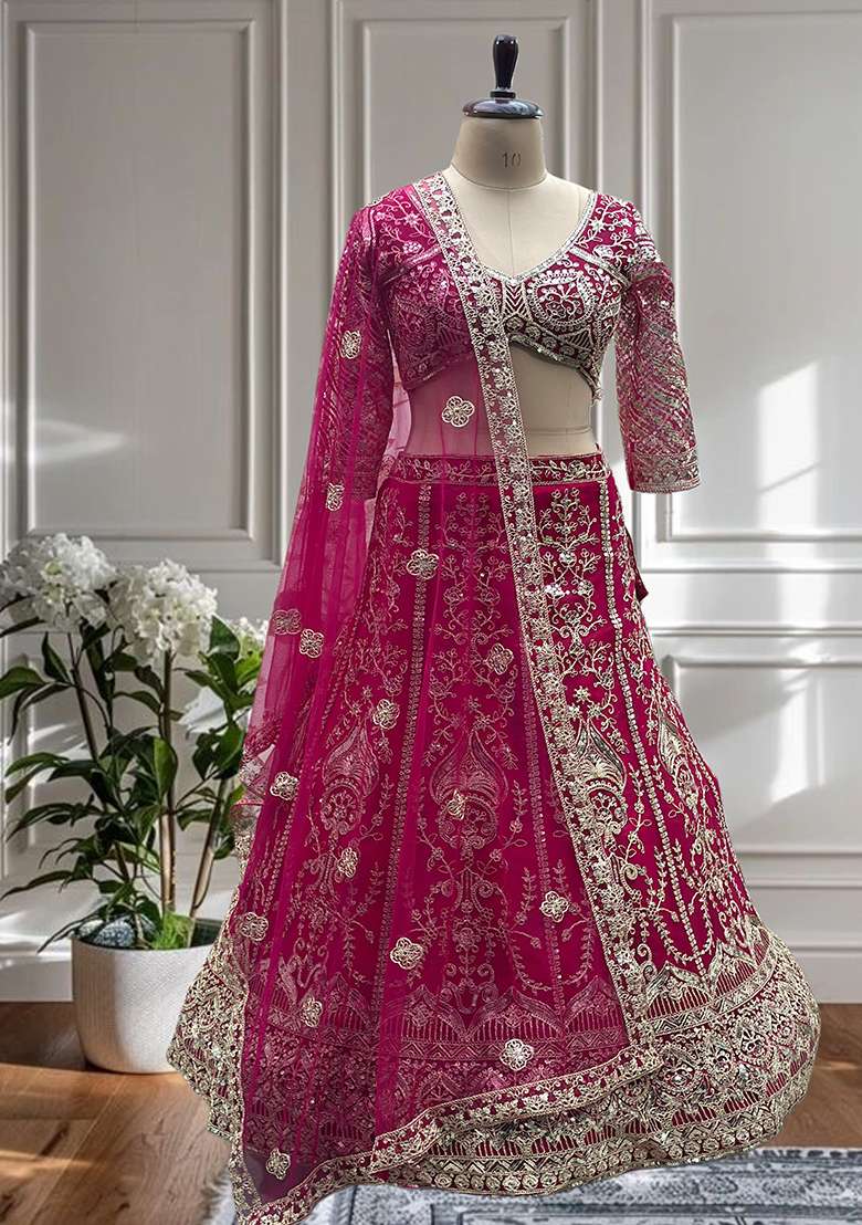 Rani Pink Net Lehenga Set with Embroidery for Diwali | Wedding & Festive Wear - Indya