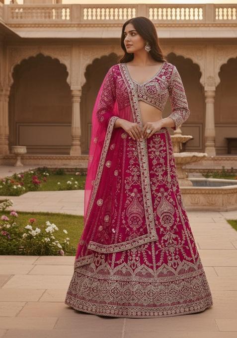 Rani Pink Embroidery Net Lehenga Set — view on Indya