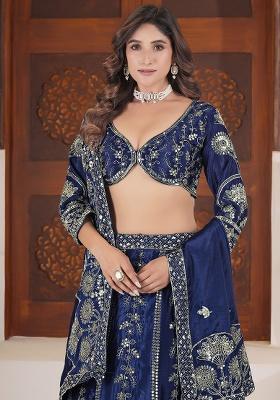 Blue Embroidery Silk Lehenga Set