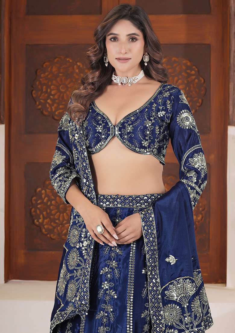 Blue Silk Blend Lehenga Set with Embroidery for Diwali | Wedding & Festive Wear - Indya