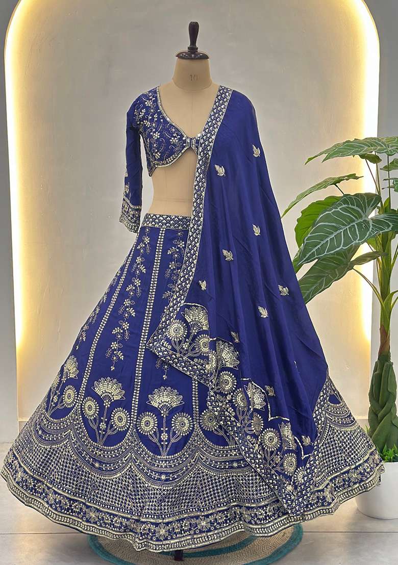 Blue Silk Blend Lehenga Set with Embroidery for Diwali | Wedding & Festive Wear - Indya