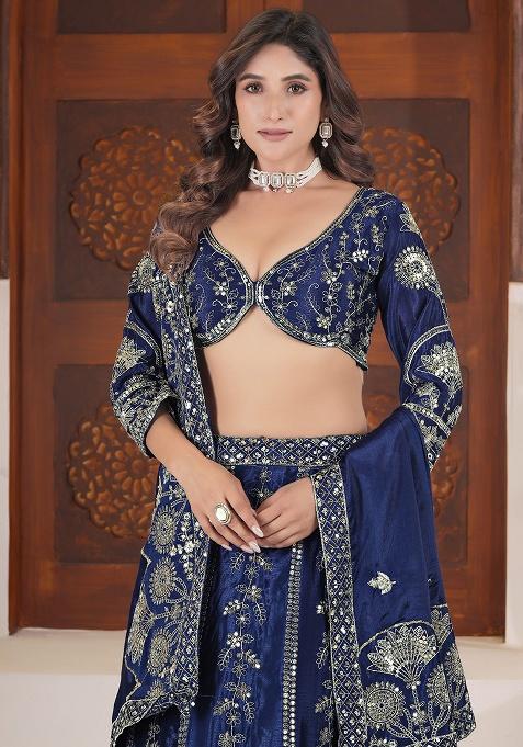 Blue Embroidery Silk Lehenga Set