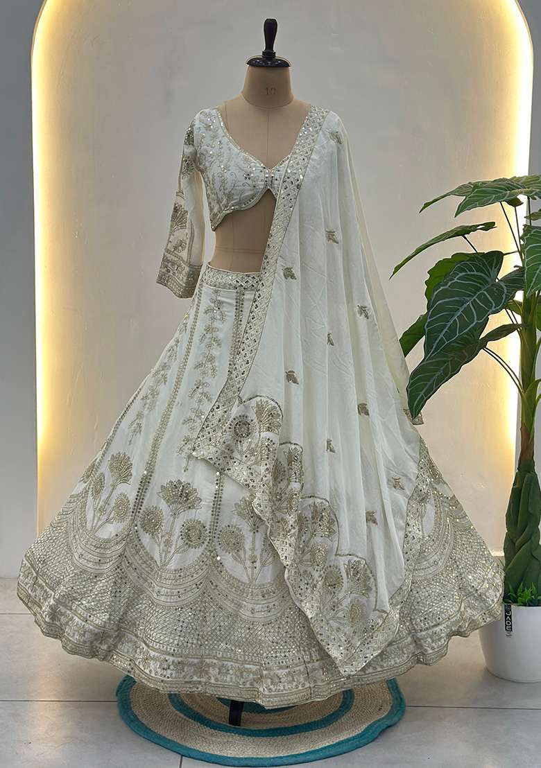 White Silk Blend Lehenga Set with Embroidery for Diwali | Wedding & Festive Wear - Indya