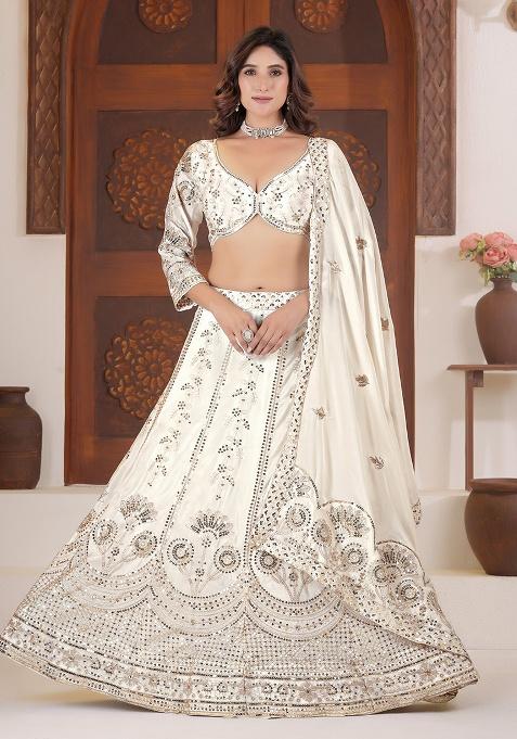 White Embroidery Silk Lehenga Set — view on Indya