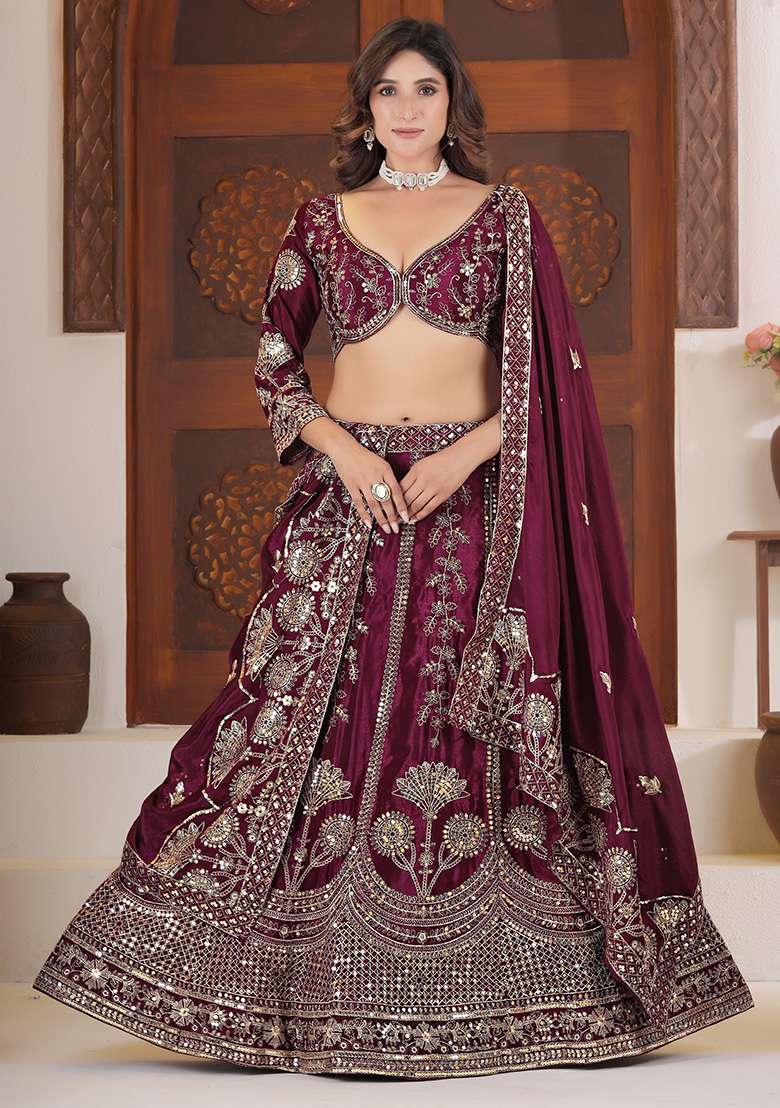 Purple Embroidery Silk Blend Lehenga Set for Diwali and Festive Wear - Indya