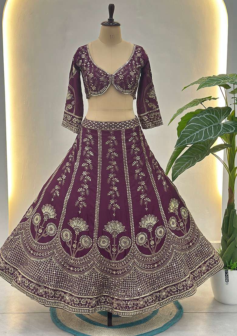 Purple Embroidery Silk Blend Lehenga Set for Diwali and Festive Wear - Indya