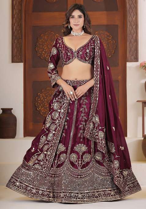 Purple Embroidery Silk Blend Lehenga Set for Diwali and Festive Wear