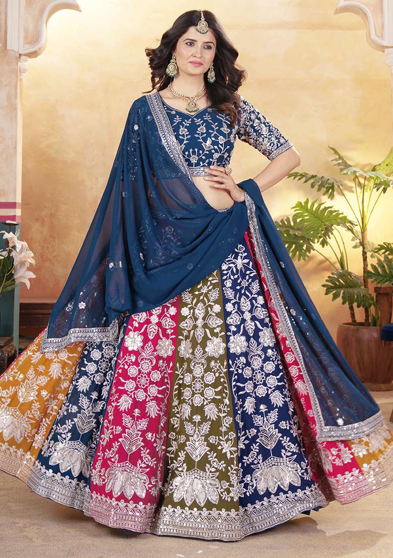 Blue Embroidery Georgette Lehenga Set for Diwali and Festive Wear - Indya