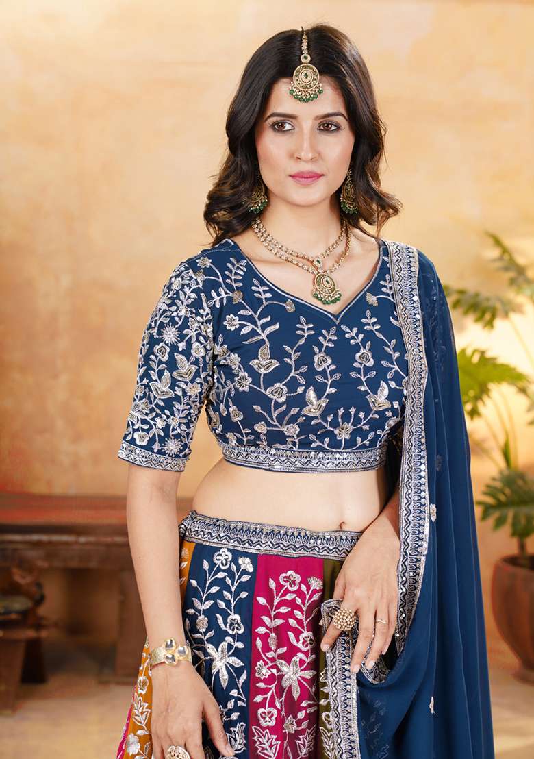 Blue Embroidery Georgette Lehenga Set for Diwali and Festive Wear - Indya
