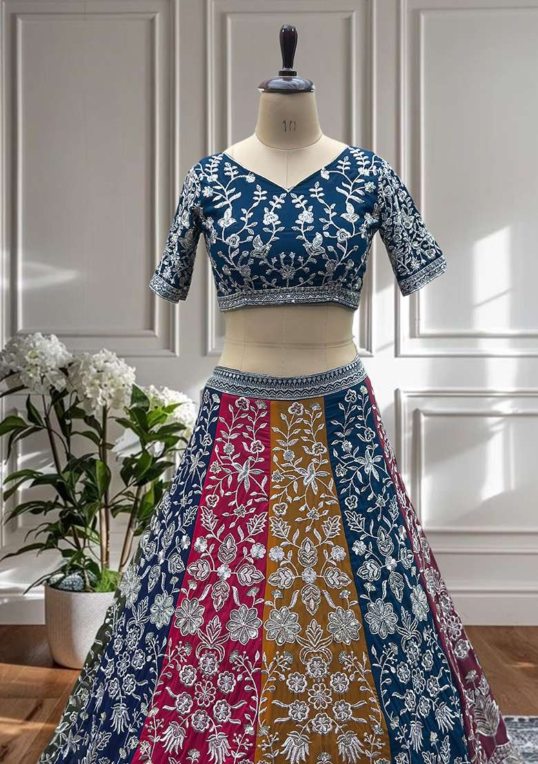 Blue Embroidery Georgette Lehenga Set for Diwali and Festive Wear - Indya