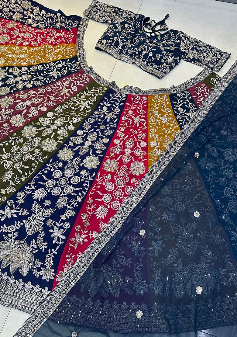 Blue Embroidery Georgette Lehenga Set for Diwali and Festive Wear - Indya