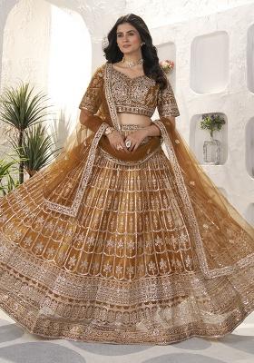 Brown Embroidery Net Lehenga Set