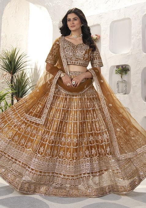 Brown Embroidery Net Lehenga Set — view on Indya