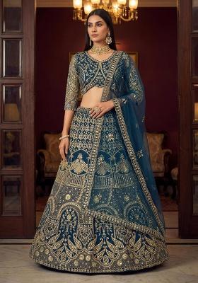 Blue Embroidery Net Lehenga Set