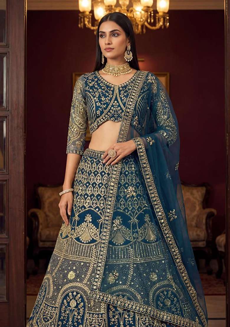 Blue Embroidery Net Lehenga Set for Diwali and Festive Wear - Indya