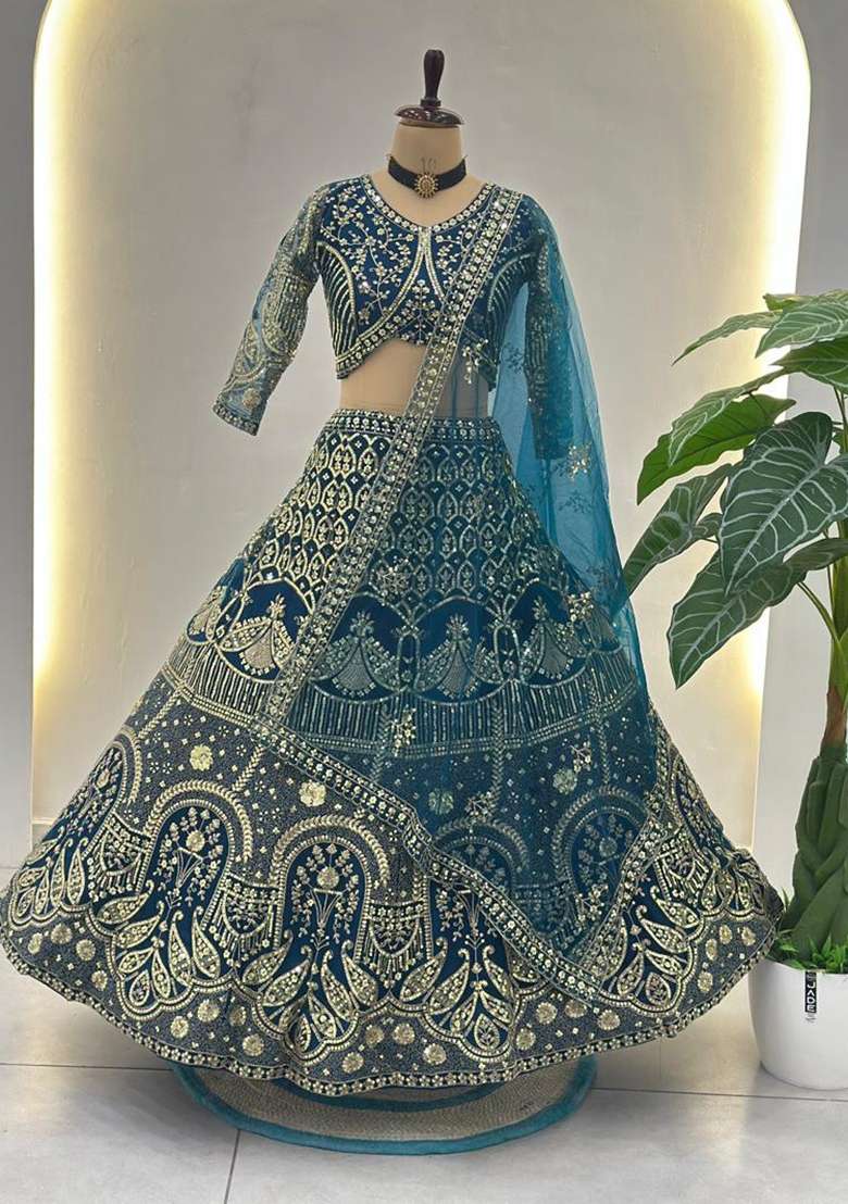 Blue Embroidery Net Lehenga Set for Diwali and Festive Wear - Indya
