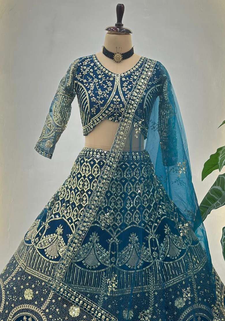 Blue Embroidery Net Lehenga Set for Diwali and Festive Wear - Indya